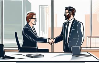 Selbstbewusster Profi im modernen Buero beim Haendedruck, symbolisiert erfolgreiche Verhandlungsabschluesse.