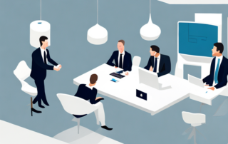 Selbstbewusster Profi schuettelt Haende mit Manager in modernem Buero, erfolgreiche Verhandlung, produktives Arbeitsumfeld.