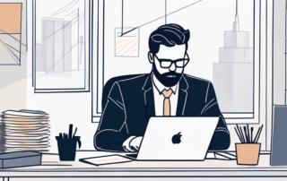 Selbstbewusster Geschaeftsprofi am Schreibtisch mit Laptop und Notizen in modernem Buero.