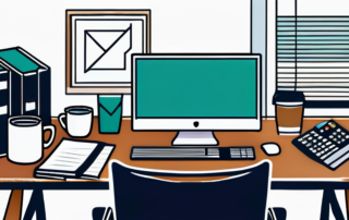 Ordentlicher Schreibtisch mit Computer, Finanzdokumenten, Taschenrechner und Kaffeetasse fuer professionelle Finanzverwaltung.