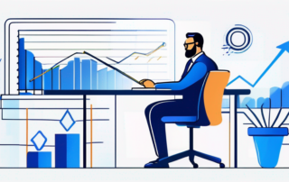 Selbstbewusster Geschaeftsprofi am Schreibtisch mit steigendem Graph und Dollarsymbolen, symbolisiert finanziellen Wachstum und Gehaltserhoehung.