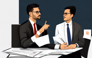 Selbstbewusster Profi im modernen Buero bei strategischer Diskussion mit Gehaltsdokument auf dem Tisch.