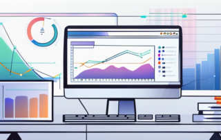 moderner Schreibtisch mit eleganter Computer zeigt fortgeschrittenes Gehaltsanalyse-Dashboard mit Diagrammen und Grafiken in professionellem Arbeitsbereich