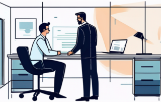 Professionelles Buero: Angestellter bespricht Gehalt mit Manager, zeigt Selbstvertrauen und Vorbereitung; sauberer Schreibtisch, Computer und Dokumente betonen Geschaeftsumfeld.