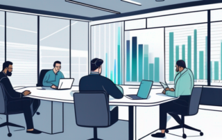 Gruppe von Profis analysiert digitale Datencharts und Graphen auf Laptops in modernem Konferenzraum, effiziente Online-Gehaltsanalyse.