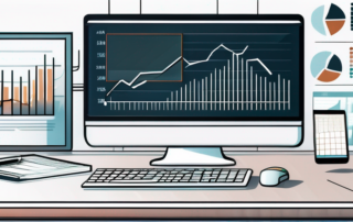 moderner Schreibtisch mit Computer und Diagramm anzeigen, symbolisiert Gehaltsanalyse in professioneller Bueroumgebung