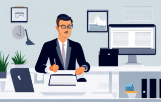 selbstbewusster profi am bueroschreibtisch in verhandlung ueber gehaltssteigerung mit diagrammen und dokumenten im hintergrund