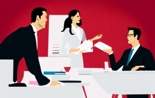 Geschaeftsleute im modernen Buero bei Gehaltsverhandlung.