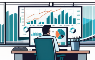 Professionelles Buero mit Finanzdiagrammen auf Bildschirm, Notizbuch und Stift fuer Gehaltssteigerung Strategien.