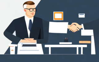 Professioneller Handschlag am Schreibtisch, erfolgreiche Gehaltsverhandlung in Buero-Umgebung mit Laptop und Dokumenten.