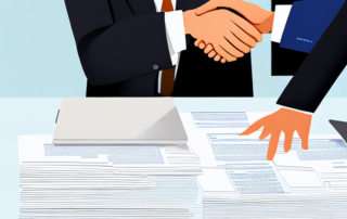 Selbstbewusster Profi bei erfolgreichen Gehaltsverhandlungen mit Dokumenten, Laptop und Finanzdiagramm.