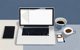 Ordentliches Buero mit Laptop, Kaffeetasse und Notizblock fuer produktive Gehaltsverhandlungen.