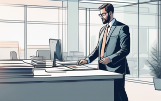 Selbstbewusster Geschaeftsmann im modernen Buero, nutzt Taschenrechner und prueft Dokumente an aufgeraeumtem Schreibtisch, Hintergrund zeigt Kollegen im Meeting.