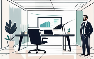 Selbstbewusster Profi im modernen Buero erlaeutert Strategien und Verhandlungstaktiken mit Vorgesetztem.