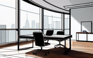 Moderner Buero mit poliertem Holztisch, Laptop, Notizbuch und Stift, grosse Fenster mit Tageslicht im Hintergrund.