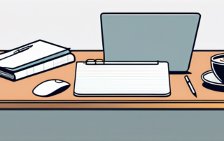 Bueroschreibtisch mit Notizblock, Stift, Laptop und Kaffeetasse fuer produktive Gehaltsvorbereitung