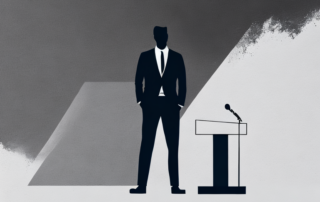 Silhouette eines Selbstbewussten am Rednerpult mit beruflichen Symbolen im Hintergrund, das Vorbereitung auf Bewerbungsgespraeche und Bewerbungsstrategien darstellt.