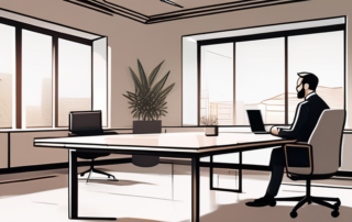 Professionelle Besprechung zwischen zwei Personen in einem hellen Buero mit einfacher Einrichtung.