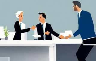 Businessprofi schuettelt selbstbewusst Haende mit Interviewer im modernen Buero, symbolisiert erfolgreiches Jobcoaching und Anstellung.