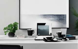 Professionelle Umgebung mit Schreibtisch, Laptop und Kaffee, symbolisiert fokussiertes Umfeld fuer Bewerbungstraining.