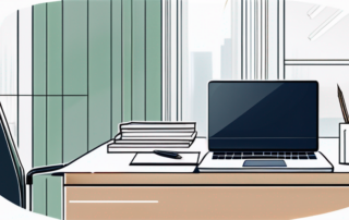 Sauberes, modernes Buero mit Laptop und Notizblock auf Schreibtisch, stilvolle Dekoration und natuerliches Licht.