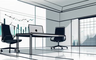 Modernes Buero mit Schreibtisch, zwei Stuehlen und Laptop mit professionellen Diagrammen.