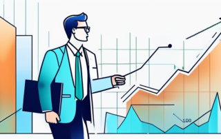 Professioneller in Business-Umgebung mit Aktentasche und aufwaerts zeigendem Pfeil fuer Karriere und Gehaltswachstum, moderne Bueroausstattung und positive Finanzdiagramme.