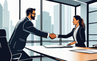 Professionelle Geschaeftsverhandlung, zwei Personen geben sich im modernen Buero die Hand.