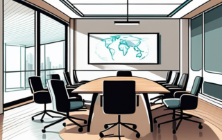 moderner konferenzraum mit holztisch ergonomischen stuehlen projektor und whiteboard