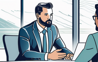 Selbstbewusster Mitarbeiter in professionellem Meeting am modernen Bürotisch mit Schwerpunkt auf Vorbereitung und Professionalitaet bei Gehaltsverhandlungen.