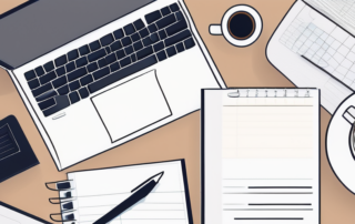 Buero mit Schreibtisch, Laptop, Kaffeetasse und Notizblock, bereit fuer die Bewerbungsvorbereitung.