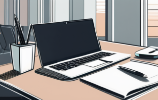 Moderner Bueroarbeitsplatz mit Laptop, Stift und Notizblock, professionelles Arbeitsumfeld.