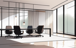 Ruhiges Buero mit modernen Tisch und zwei Stuehlen, natuerliches Licht, ideale Atmosphaere fuer Gespraeche.