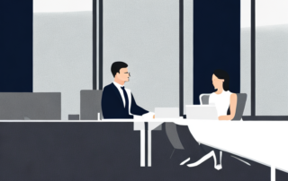 Professioneller am modernen Buero-Schreibtisch im Gespraech, mit Stadtansicht im Hintergrund.