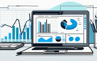 Moderner Buero-Schreibtisch mit Laptop und Datendashboard, Notizbuch und Stift fuer effektive Online-Gehaltsanalyse.