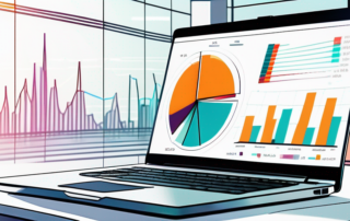 Moderner Laptop mit bunten Grafiken und Charts auf minimalistischer Arbeitsflaeche im Sonnenlicht.