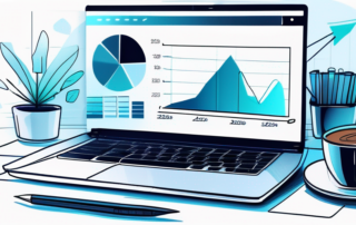 Moderner Laptop mit Dashboard, Grafiken und Diagrammen auf aufgeraeumtem Arbeitsplatz mit Notizbuch und Kaffeetasse.