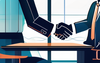 Selbstbewusster Profi schuettelt Haende mit Manager im modernen Buero, erfolgreiche Verhandlung und Karriereaufstieg.