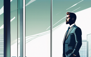 junger Berufstaetiger in Businesskleidung in modernem Buero, entschlossen Ausdruck, symbolisiert Mut fuer Gehaltserhoehung