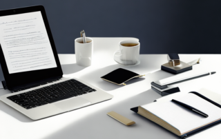 Aufgeraeumter Schreibtisch mit offenem Laptop, sauberem Notizblock und Stift, bereit fuer Gehaltsverhandlungen im Buero.