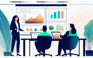 Buero mit vielfaeltigen Fachleuten in Besprechung analysieren Diagramme und Daten auf Projektor; diskutieren gerechte Verguetungsstrategien.