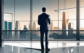 Selbstbewusste Person in professioneller Kleidung praesentiert in modernem Office vor dynamischer Stadtkulisse durch grosse Fenster.