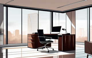 Moderner Buero mit minimalistischer Gestaltung, polierter Mahagoni-Schreibtisch, High-End-Laptop, Luxus-Lederstuhl, natuerliches Licht durch grosse Fenster.