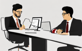 Professioneller bei Verhandlungstaktiken im modernen Buero mit Laptop und Notizblock.