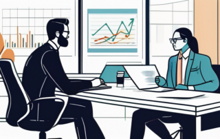 Professionelles Buero mit Manager und Mitarbeiter bei Gehaltsverhandlung, Formale Atmosphaere mit Diagrammen und Dokumenten.