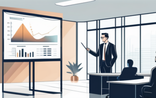 Selbstbewusster Profi praesentiert durchdachten Bericht in modernem Buero, beweist Bedeutung von strategischer Kommunikation und datengestuetzten Begruendungen.