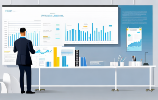 Professioneller praesentiert selbstbewusst einen Fall in modernem, gut beleuchtetem Buero mit Diagrammen auf grossem Bildschirm.
