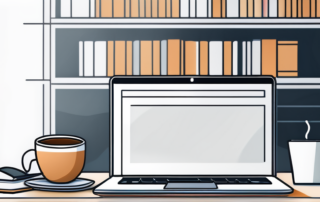 Schicker Arbeitsplatz mit Laptop, Notizblock und Kaffeetasse fuer Produktivitaet und berufliche Entwicklung, unscharfes Buecherregal im Hintergrund.