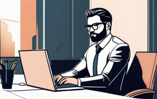 Selbstbewusster Profi am modernen Schreibtisch in einem hochmodernen Buero, bereit fuer ein wichtiges Treffen.