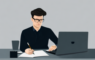 Selbstbewusster Profi bei Besprechung am Schreibtisch mit Laptop und Notizblock fuer strategische Verhandlungen.